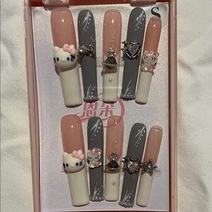 Cute Pink and Gray Nail Set with Charms , Bling,Bling And Kitty